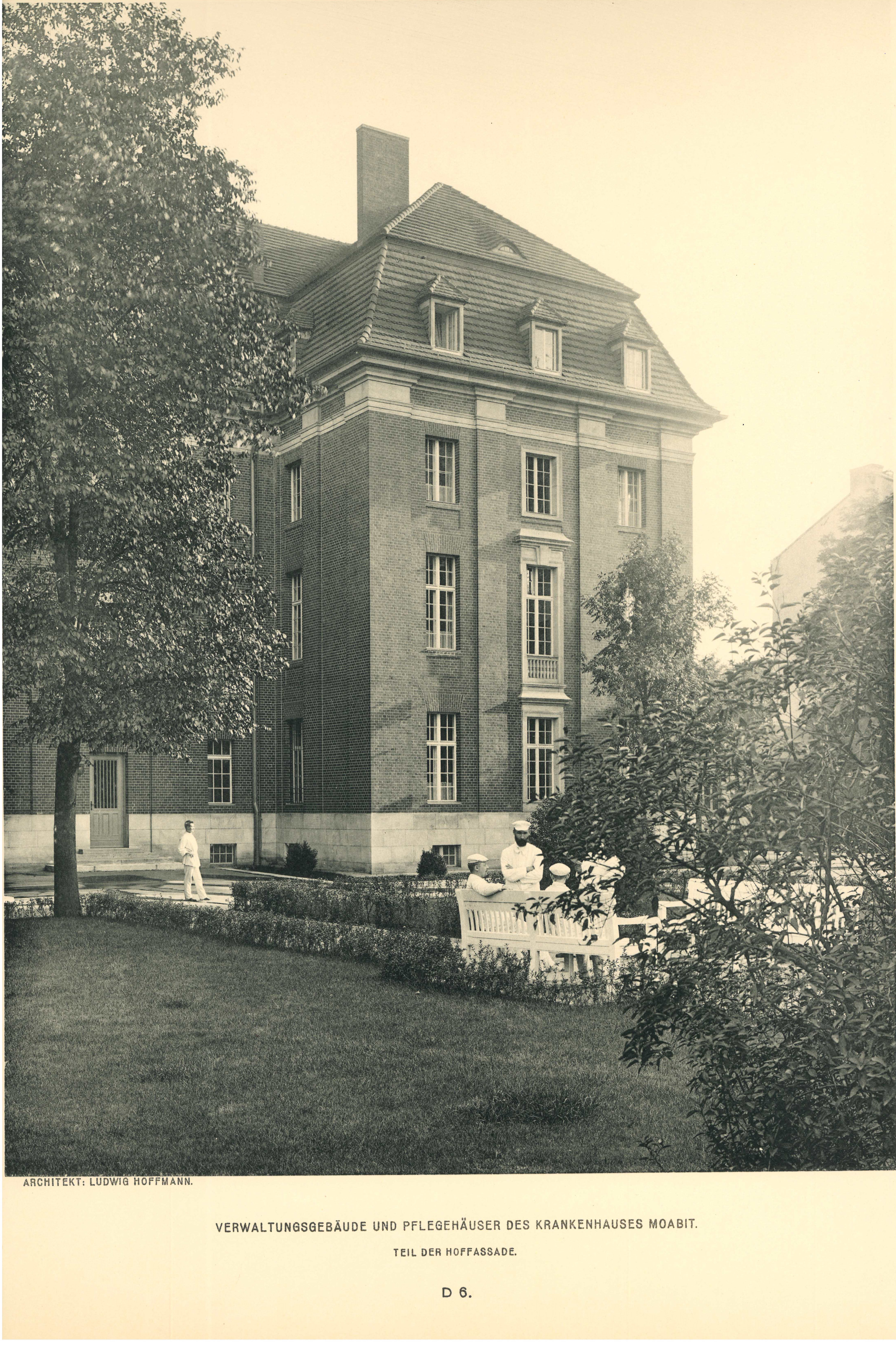 Verwaltungsgebäude und Pflegehäuser des Krankenhaus Moabit, Teil der Hoffassade 1907